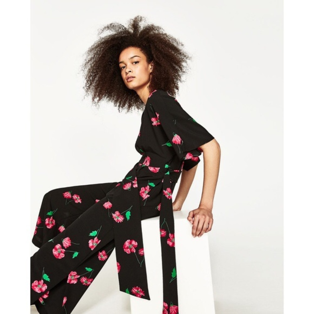 Zara floral kimono sleeve jumpsuit w/ sash